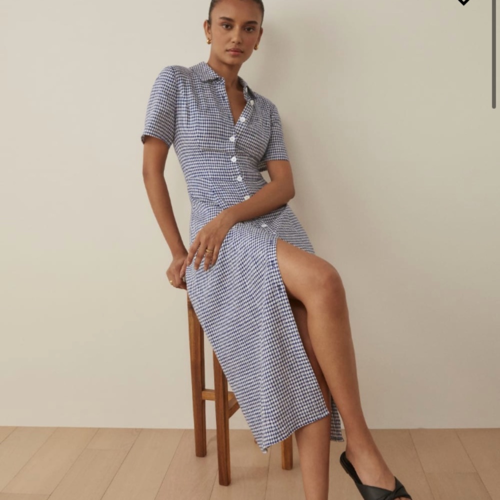 Reformation Marianne Blue check Linen Button Front Midi Dress sz 12 NWT